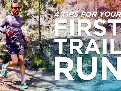A runner on a trail and the words "4 tips for your first trail run"