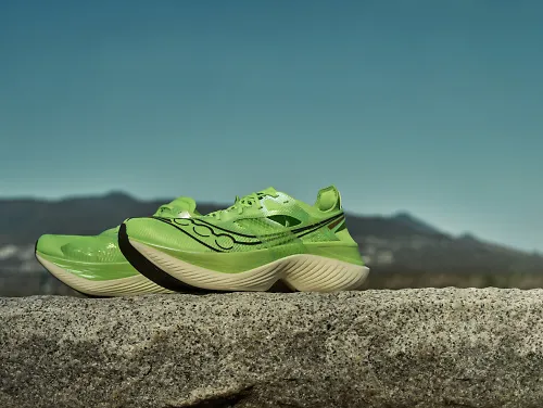 Saucony Endorphin Elite running shoes on a ledge with mountains in backdrop
