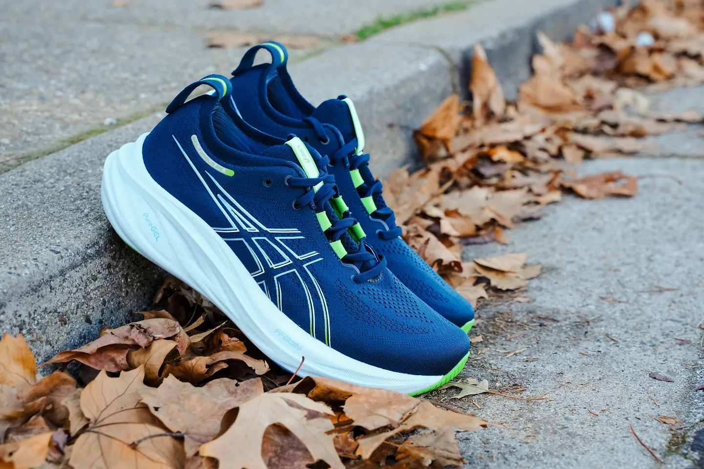 The ASICS GEL-Nimbus 26 rests against a curb.