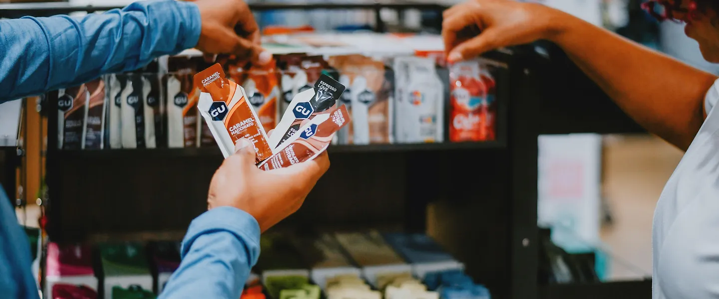A local Fleet Feet showcasing energy gel options.