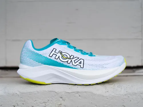 The white HOKA Mach X sits against a crisp, white background.