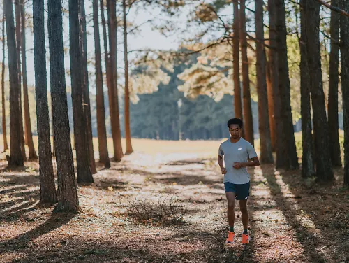 A cross country runner runs through the woods. 