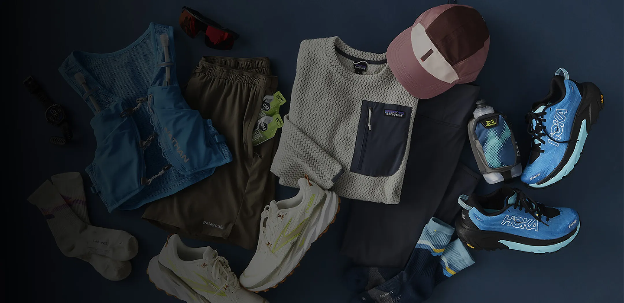 overhead view of apparel, shoes, nutrition and accessories