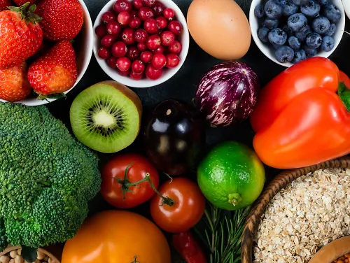 An array of healthy fruits, vegetables and meats