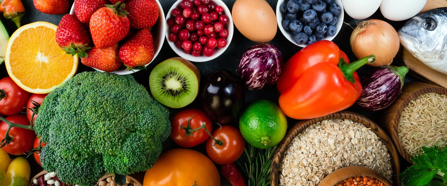 An array of healthy fruits, vegetables and meats