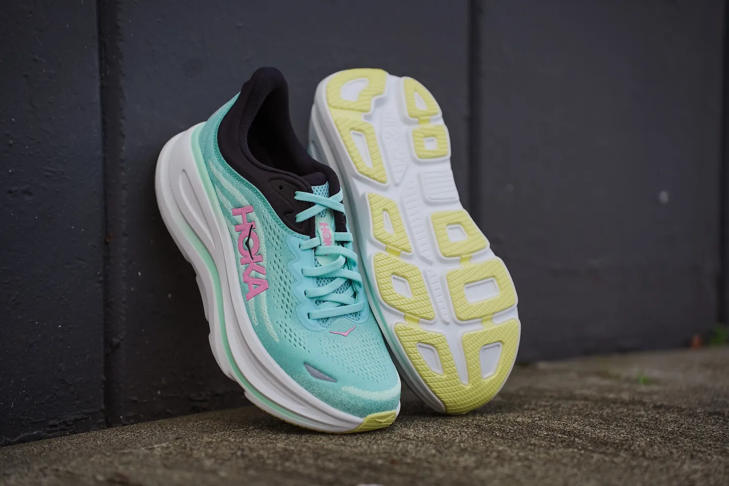 The women's HOKA Bondi 9 in Seafoam Pink.