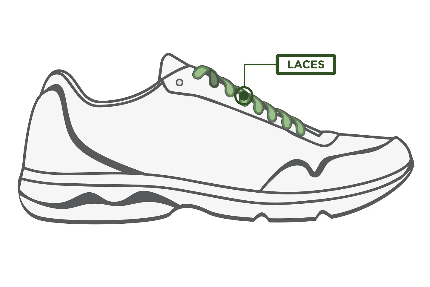 a graphic showing the laces of a running shoe. The rest of the shoe is white and the laces are colored in green.