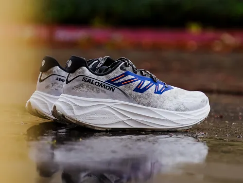 A pair of Salomon Aero Glide 2 on wet cement