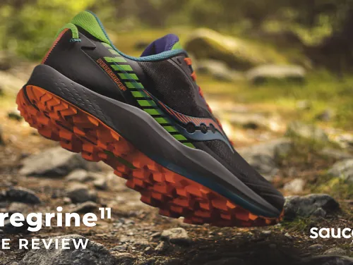A running shoe on a trail and the words "Peregrine 11 Shoe review Saucony"