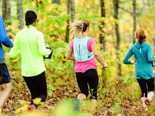 A group of trail runners runs through the woods