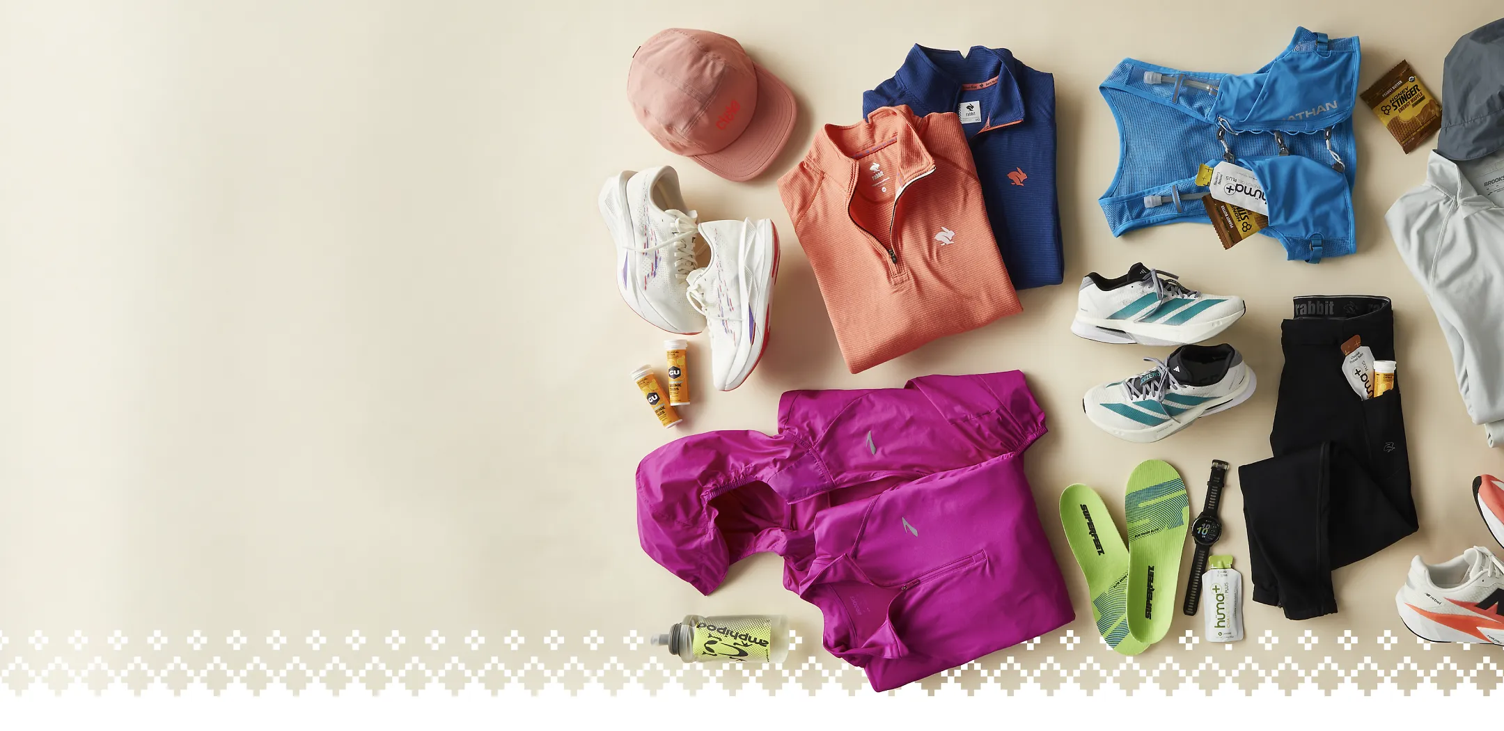Overhead view of apparel, accessories and shoes in studio