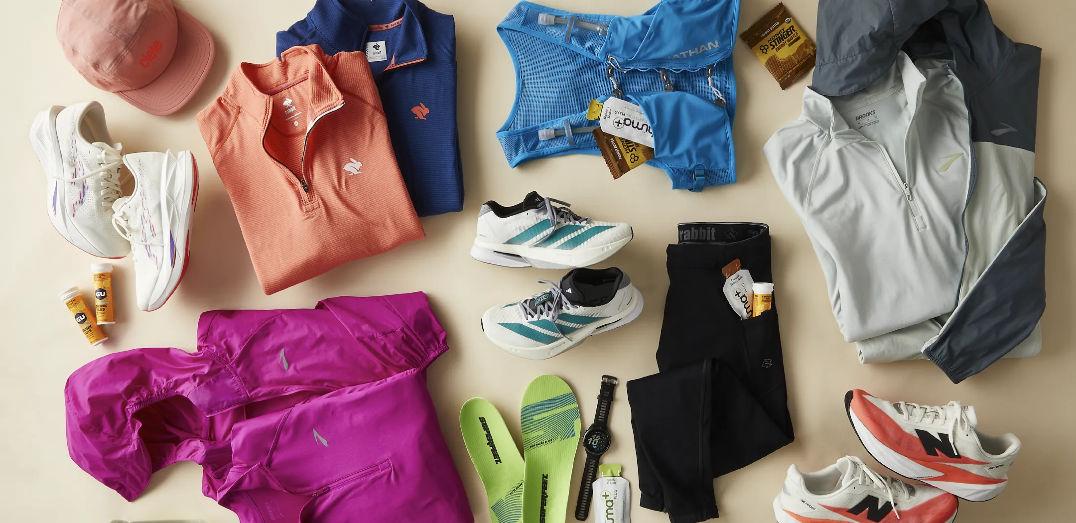 overhead view of apparel, shoes, nutrition and accessories