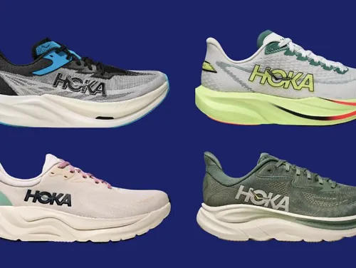 Four pairs of HOKA shoes against a dark blue background