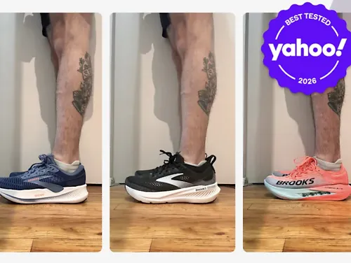 Trying on three pairs of Brooks shoes for Yahoo! Health